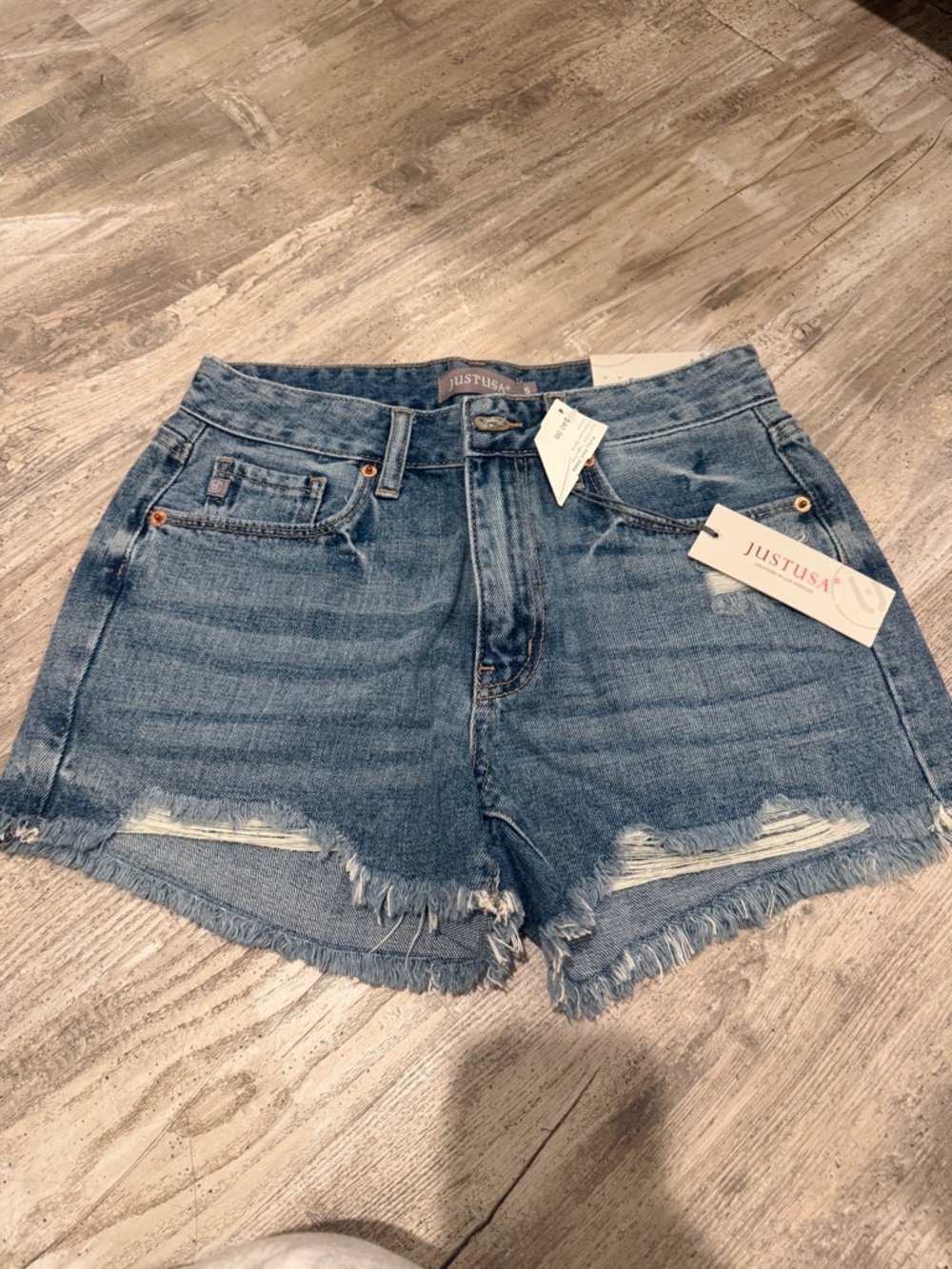 Ruby and Jenna Just USA Light Blue Frayed Hem Distressed Denim Shorts
